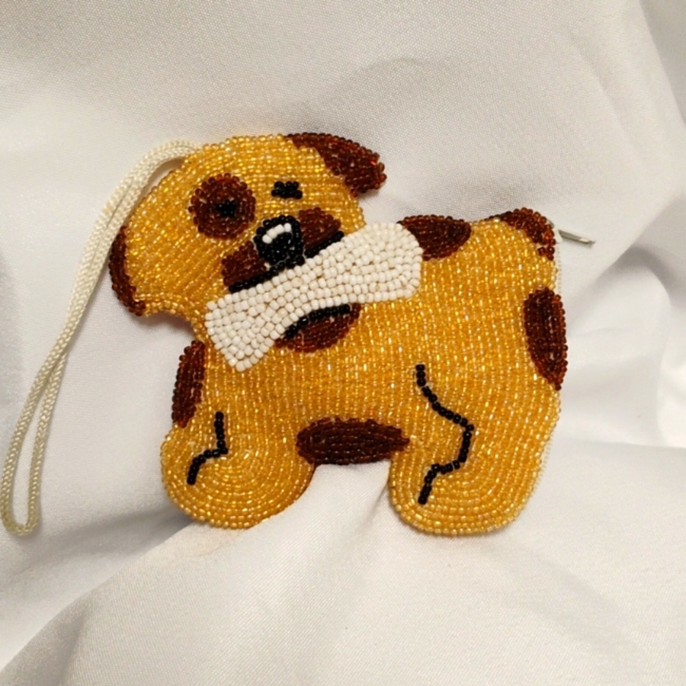 New! * Beaded Puppy Dog with Bone Coin Purse A Spotted Butterscotch Pouch! BG220
